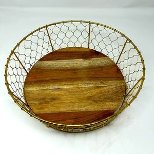 Gold Wire Basket w/ Wood Base Round Decorative Tray Farmhouse Modern